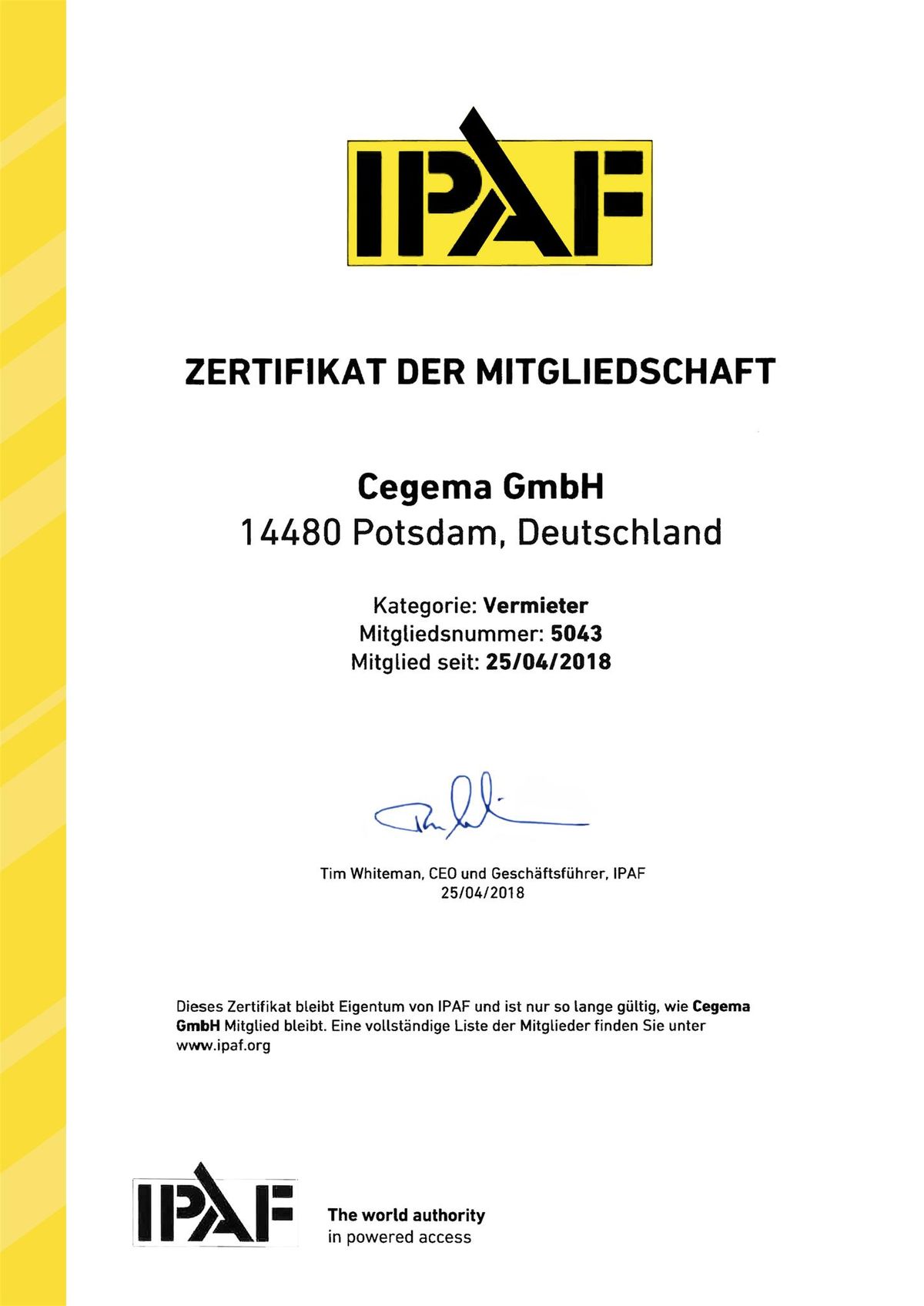 Unser IPAF-Zertifikat